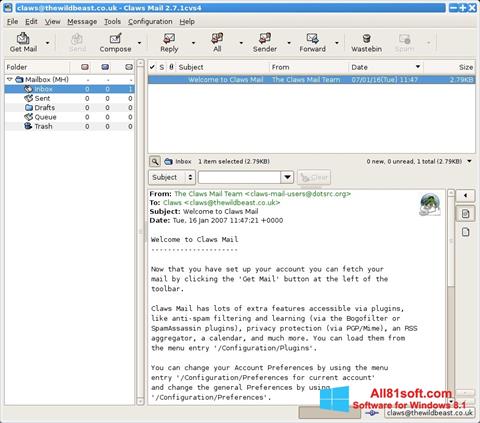 צילום מסך Claws Mail Windows 8.1